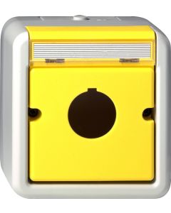 Gira 027130 Behuizing met geel centraal basiselement en tekstkader voor opname van druk- en paddestoelknoppen ( grijs