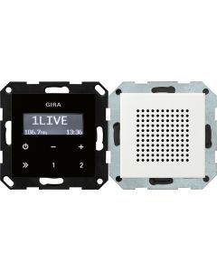 Gira 228003 Inbouwradio RDS met een luidspreker Opzetstuk bedieningselement in zwartglaslook systeem 55 zuiver wit glanzend