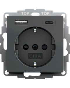 Gira 245928 Wandcontactdoos met randaarde 16 A 250 V met shutter en USB-voeding 2-voudig Type A  type C systeem 55 antraciet