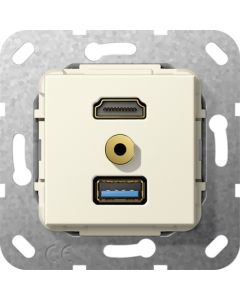 Gira 568001 Basiselement HDMI 2.0a + HDR, USB 3.0 type A en mini-jack 3,5 mm Koppeling HDMI+USB, verloopkabel mini-jack creme wit glanzend